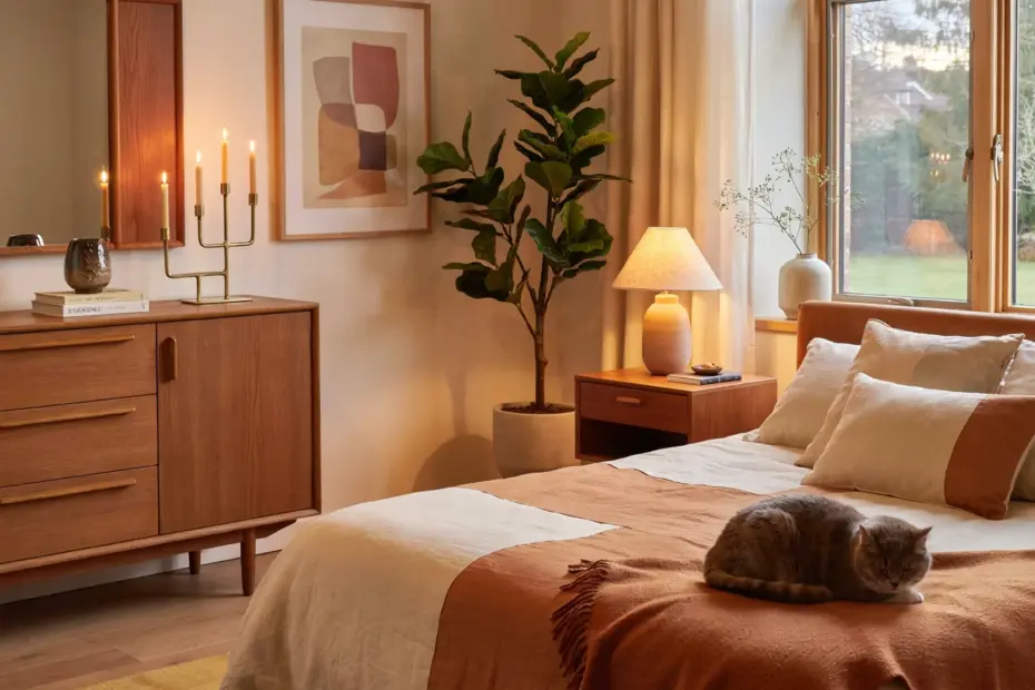 Cozy Bedroom with Candlelight and Natural Tones | Minimalist Sanctuary | Warm Wooden Accents & Plants