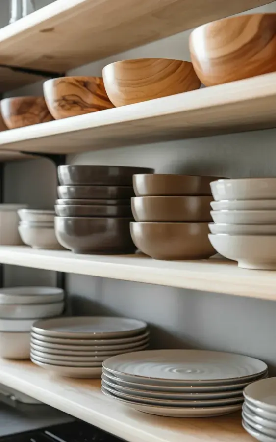 Kitchen shelf organization tip: stacking ceramic and wooden bowls neatly