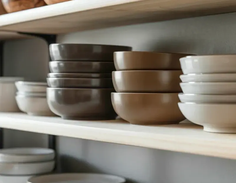 Kitchen shelf organization tip: stacking ceramic and wooden bowls neatly