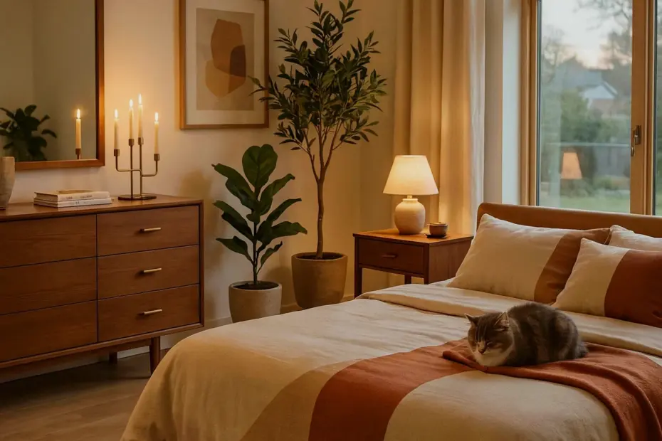 Cozy Bedroom with Candlelight, Wooden Dresser, and Hanging Lantern