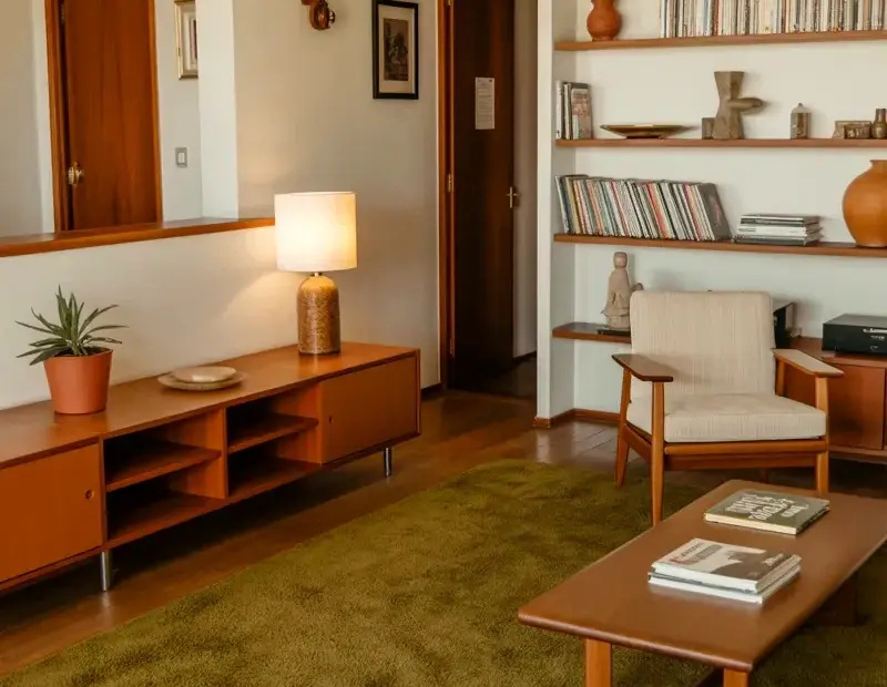 Mid-Century Modern Living Room with Olive Green Rug | Cozy Fall Decor