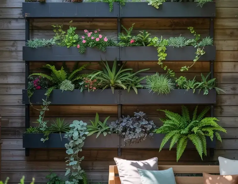 Tiered Vertical Garden Wall with Wooden Slats and Cascading Flowers