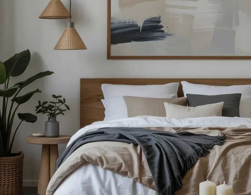Cozy Winter Minimalist Bedroom Decor with Neutral Tones and Natural Wood
