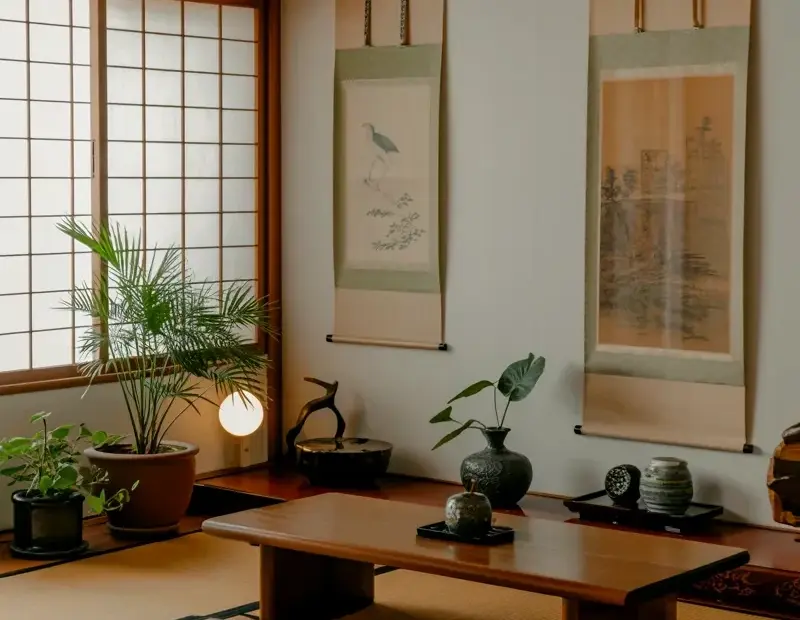 Budget Japanese Living Room with Tatami, Shoji Screens & Hanging Scrolls