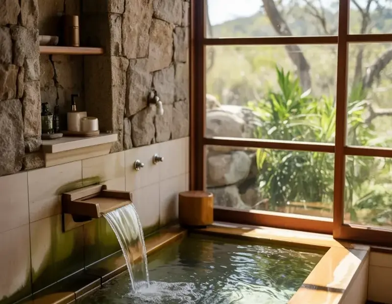 Indoor Soaking Tub in Stone Wall with Waterfall – Natural Bathroom Spa Idea