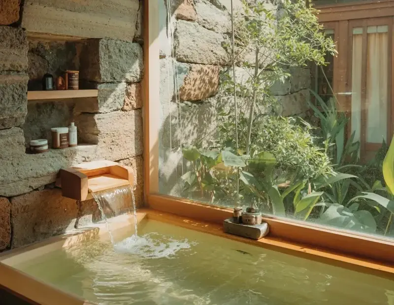 An Indoor Soaking Tub Built Into a Stone Wall with a Waterfall is My Cozy Dream