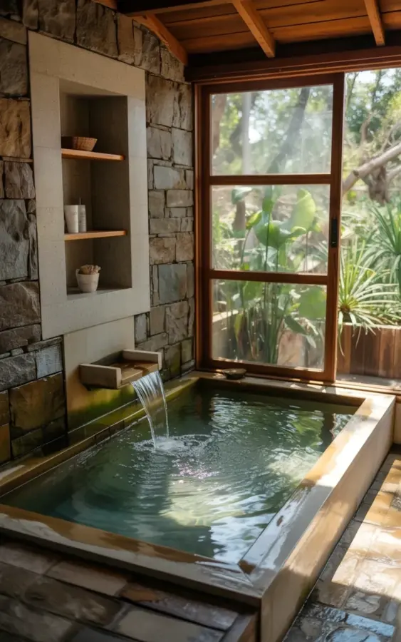 Indoor Soaking Tub with Waterfall in a Stone Wall Nook | Cozy Natural Home Spa