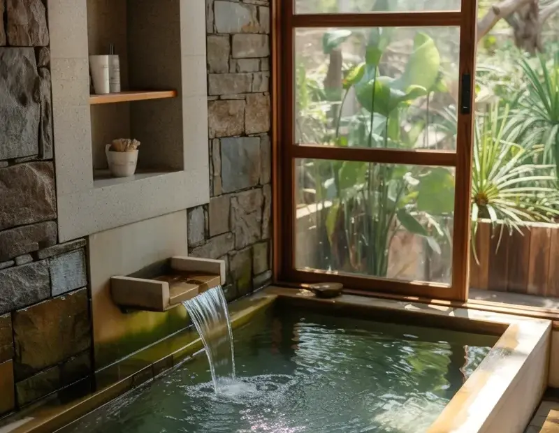 Indoor Soaking Tub with Waterfall in a Stone Wall Nook | Cozy Natural Home Spa